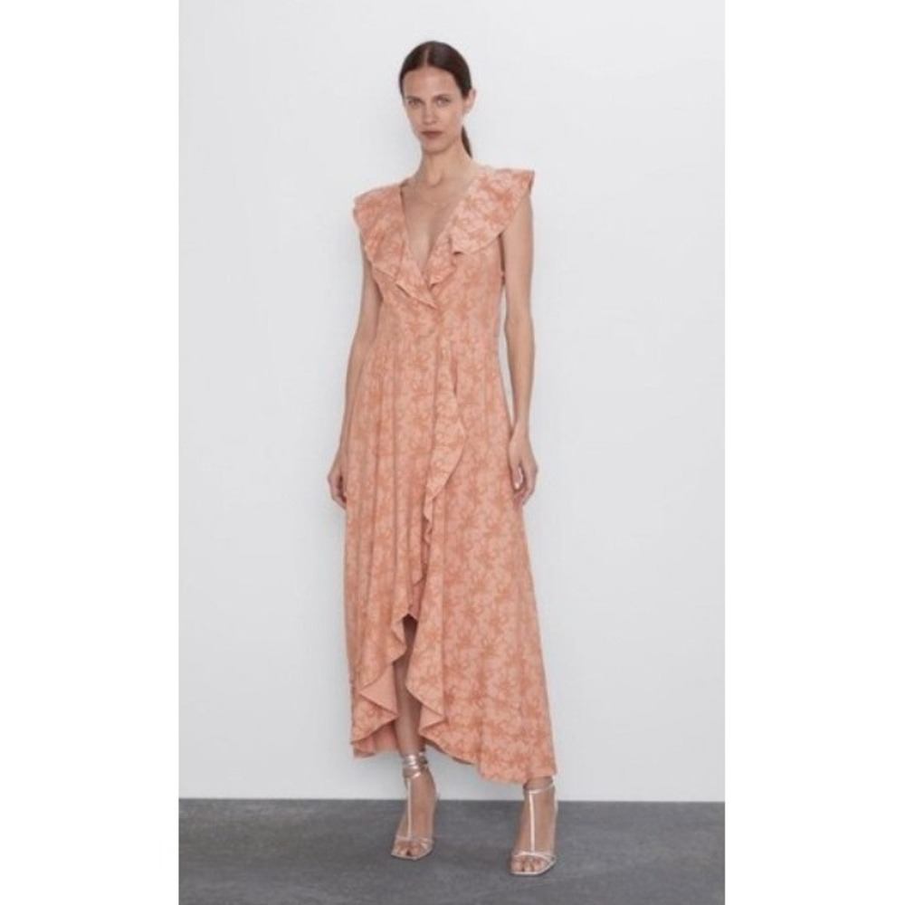Zara Midi Wrap Texture Ruffled Dress Large Jacquard style fabric Orange